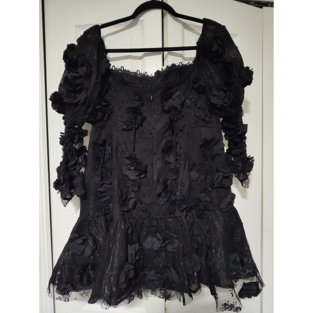 ASOS LUXE 3D Floral Beaded Black Off The Shoulder Puff Sleeve Mini Dress NWT - Picture 8 of 13